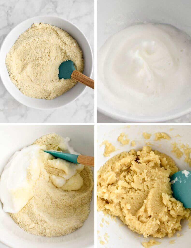 A photo collage showing four pictures of the steps for making Greek almond cookie dough.