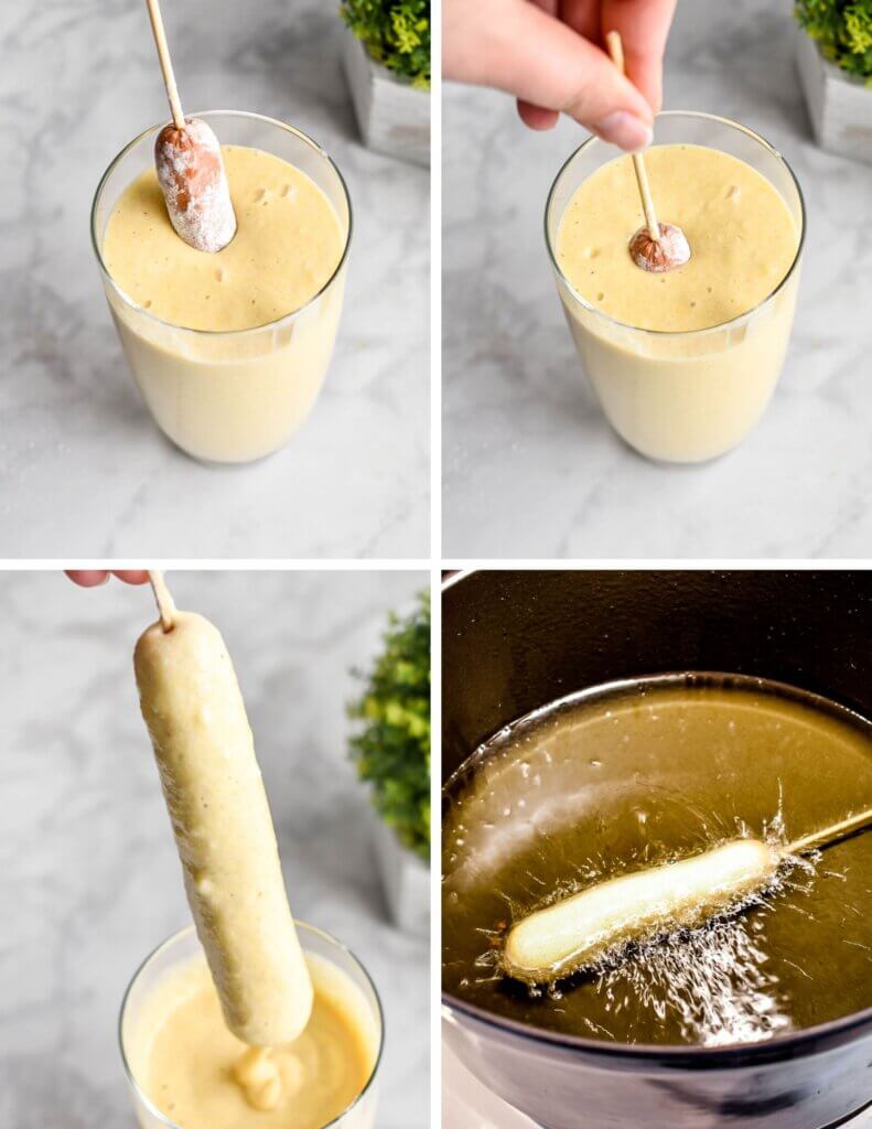 A photo collage showing four steps for dipping and frying corn dogs with the first two photos showing the hot dog as it is being submerged into a glass of cornmeal batter, the third photo showing the hot dog covered in batter and the final photo showing the corn dog in hot oil in a large dutch oven.