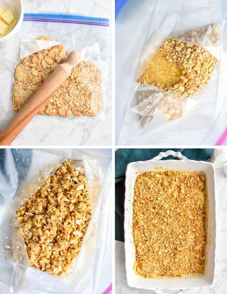 A photo collage showing the steps for making ritz topping for chicken and rice casserole, with the first showing crackers in a ziploc bag being crushed with a rolling pin, the second photo showing melted butter added to the ziploc bag, the third showing the crackers mixed with the butter and the final showing the topping added to the casserole.