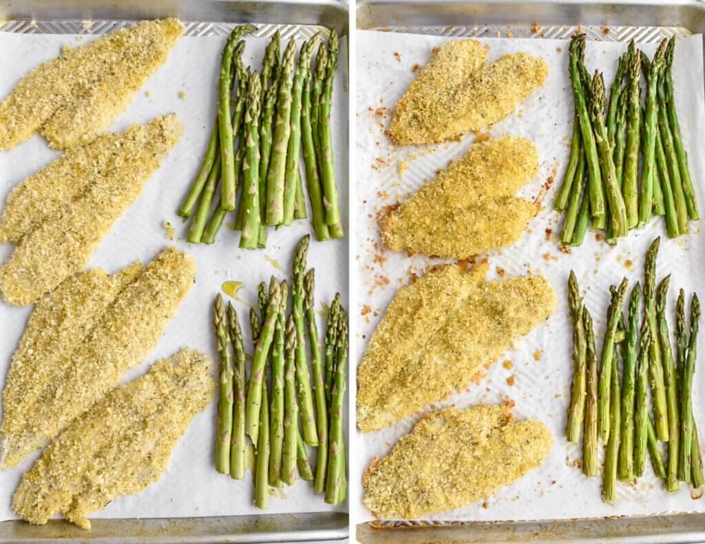 Before and after baking photos of a sheetpan containing four breaded fish fillets and asparagus.