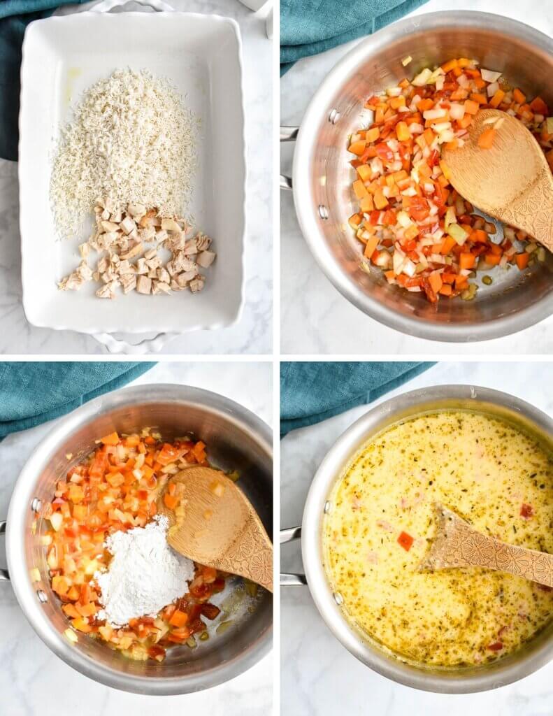 A photo collage showing the first 4 steps for making a chicken and rice casserole.