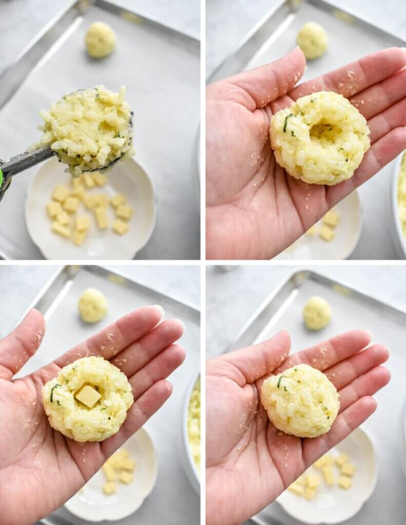 A photo collage showing four steps for assembling the Italian rice balls recipe.