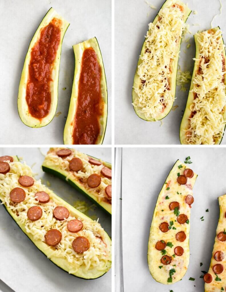 A photo collage showing the 4 steps for assembling pizza zucchini boats.