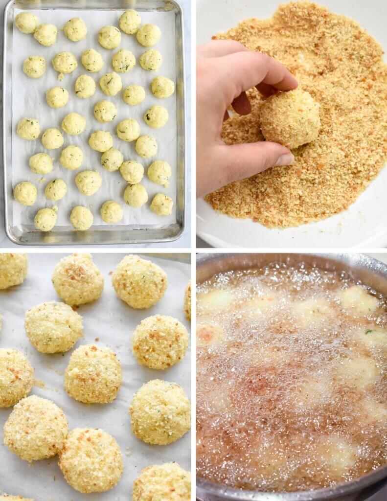 A photo collage showing four steps for breading and frying this Italian rice balls recipe.