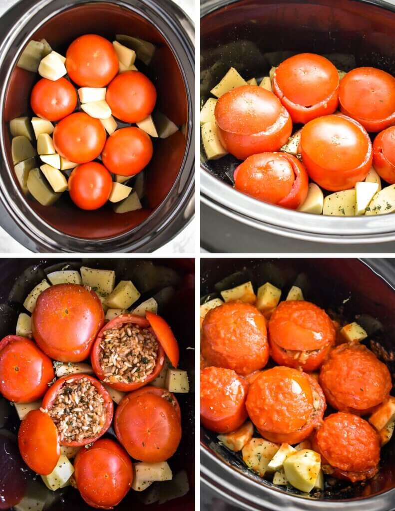 Photo collage showing 4 steps for making Slow Cooker Stuffed Tomatoes.