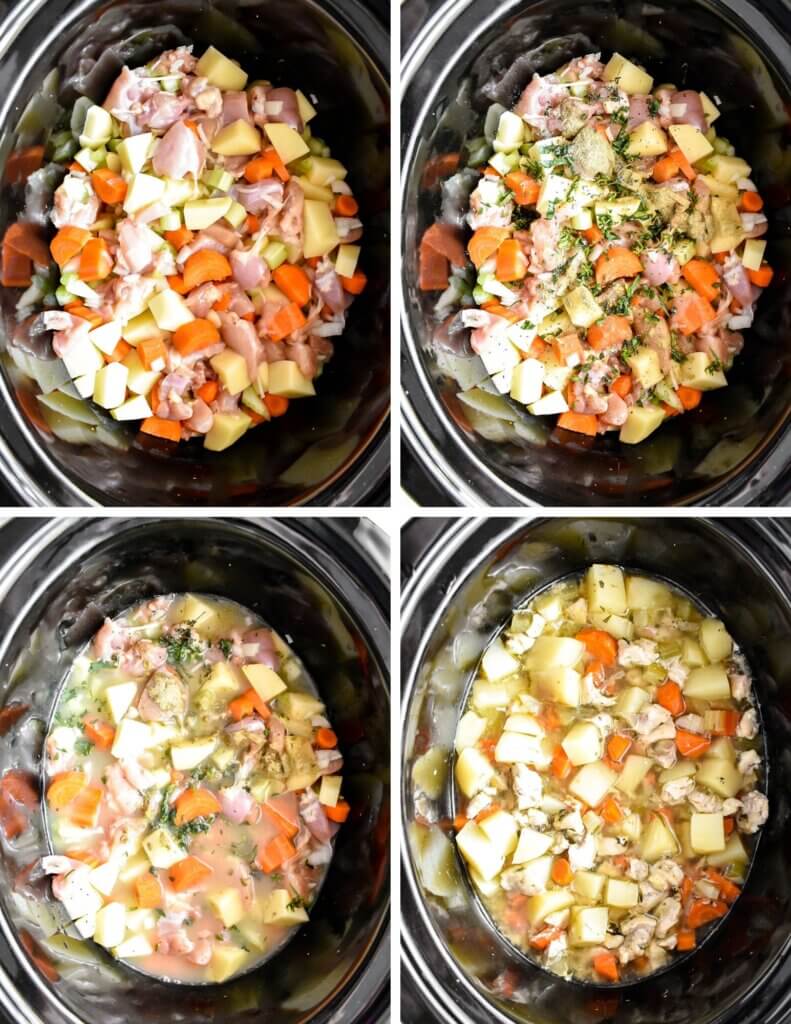 A photo collage showing four steps for making slow cooker chicken stew. 