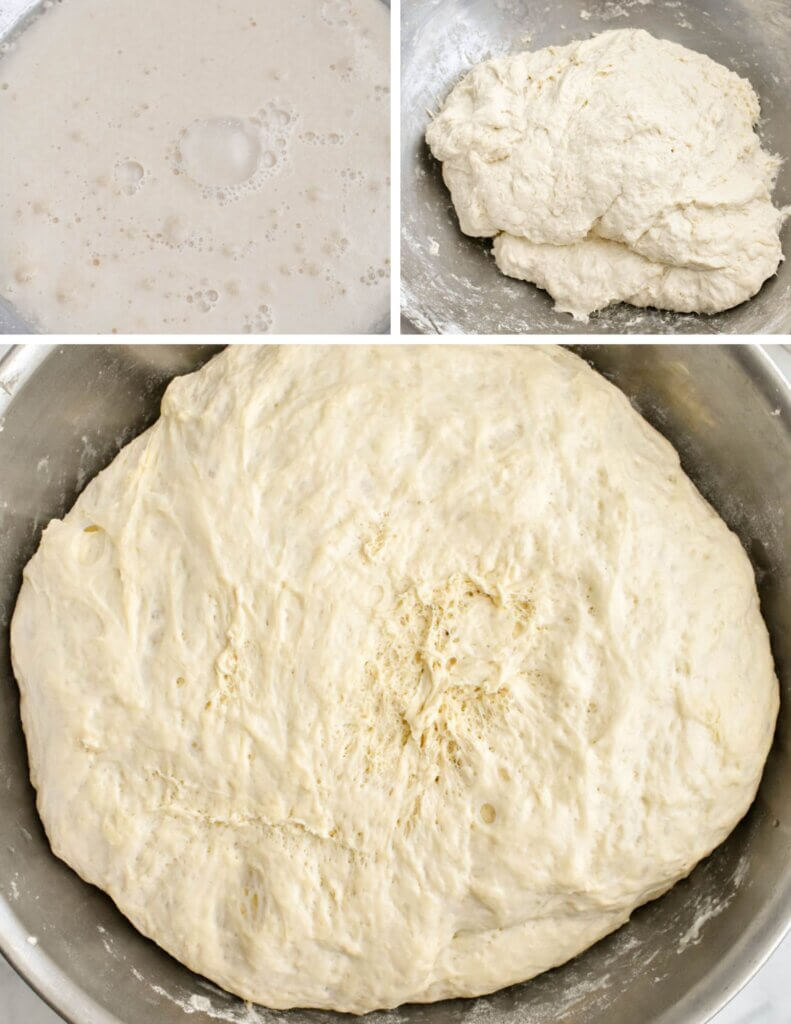 A photo collage with three photos showing how to prepare lagana dough starting with the proofed yeast in a bowl, a shaggy dough ball in a metal pan and the final photo showing the dough in the bowl after it has risen and more than doubled in size.