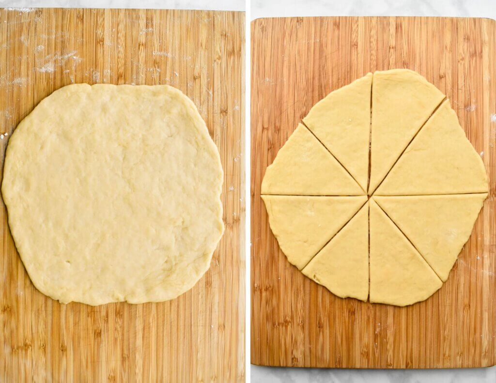 A photo collage showing a photo of tiropita dough rolled into a circle on a cutting board and then a second photo showing the circle cut into 8 triangle portions.