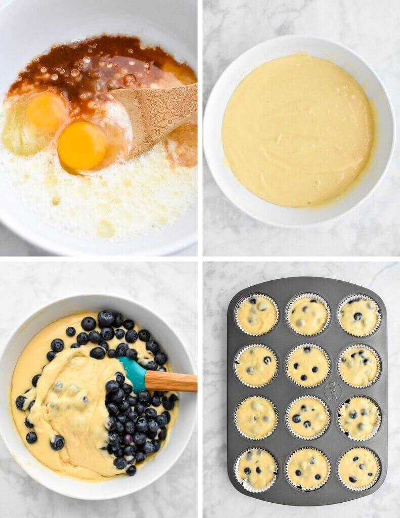 A photo collage showing four steps for making this Buttermilk Blueberry Muffins Recipe.