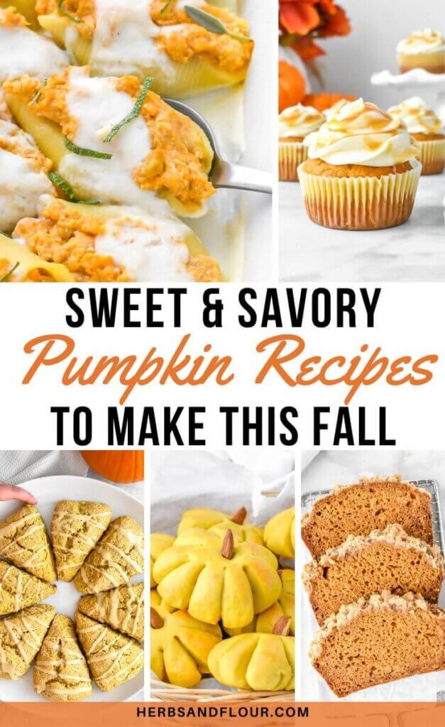 A photo collage of pumpkin recipes including stuffed pumpkin shells, cupcakes, scones, pumpkin shaped dinner rolls and pumpkin streusel bread with the text overlay "Sweet and Savory Pumpkin Recipes to Make This Fall"