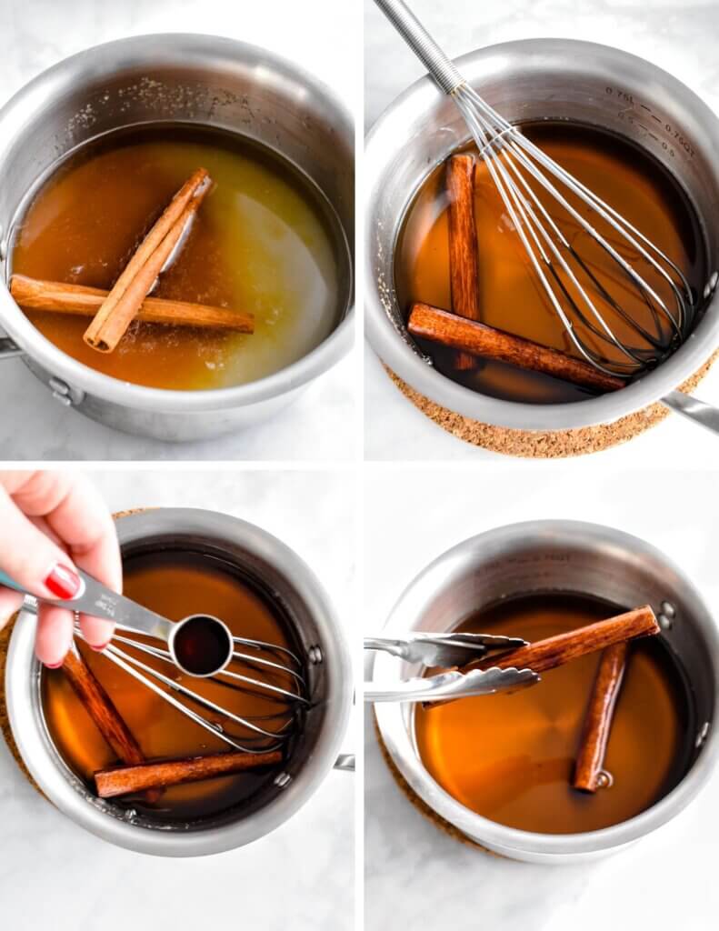 A photo collage showing the steps for making cinnamon syrup starting with the sugar and cinnamon sticks in a saucepan and then a photo showing the dissolved sugar syrup in the saucepan. The third photo shows vanilla extract added to the syrup and the final shows the cinnamon sticks being removed with tongs.