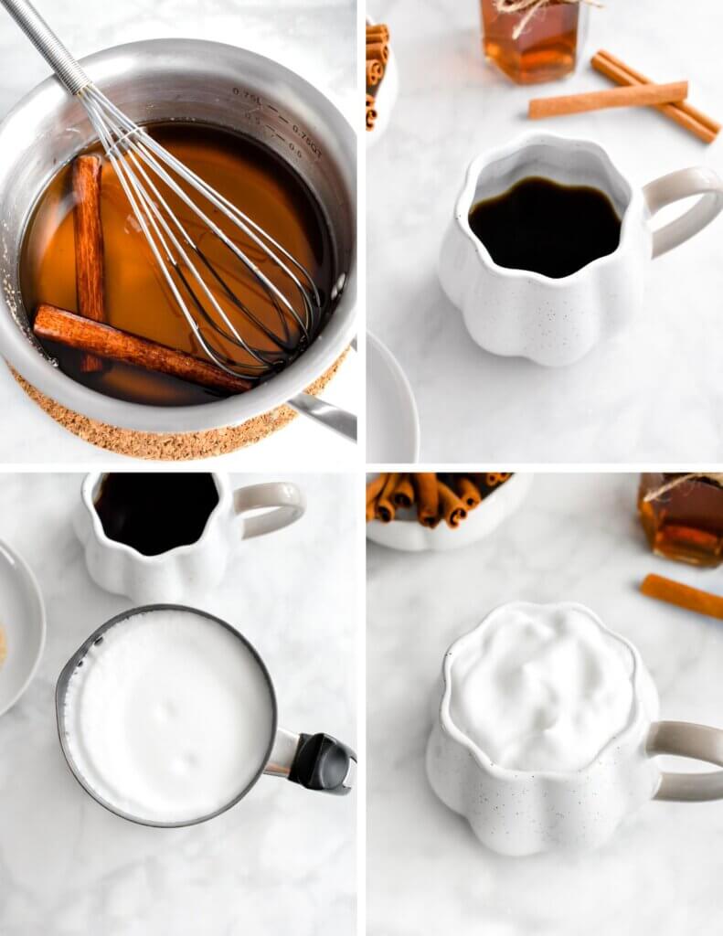 A photo collage showing 4 steps for making cinnamon dolce latte starting with making cinnamon syrup using cinnamon sticks in a saucepan, then adding it to a mug of hot coffee. The third photo shows milk frothed in a milk frother and the final shows the mug of coffee topped with the frothed milk.