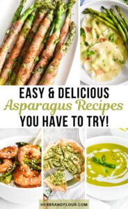 A photo collage showing prosciutto wrapped asparagus, asparagus ravioli, shrimp and asparagus stir fry, asparagus and pea quiche, and asparagus soup with the text "Easy & Delicious Asparagus Recipes you have to try!"
