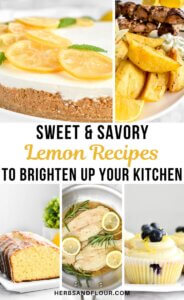 A photo collage showing 5 different lemon recipes with the text "Sweet & Savory Recipes to brighten up your kitchen"