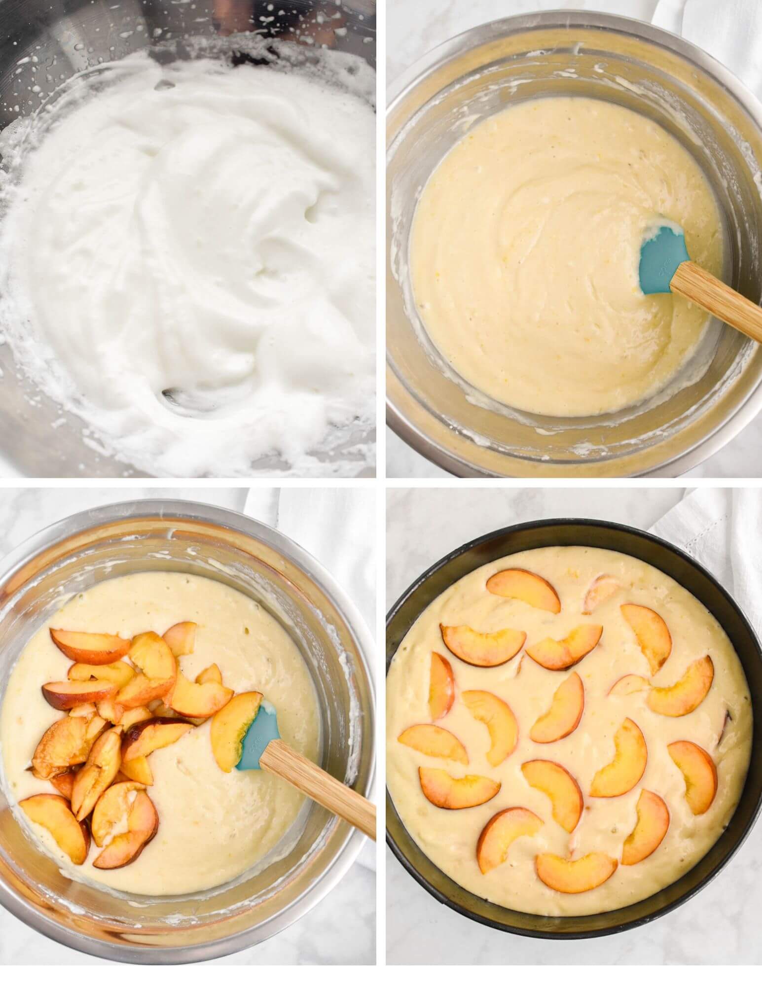 A photo collage showing 4 steps for making peach cake.