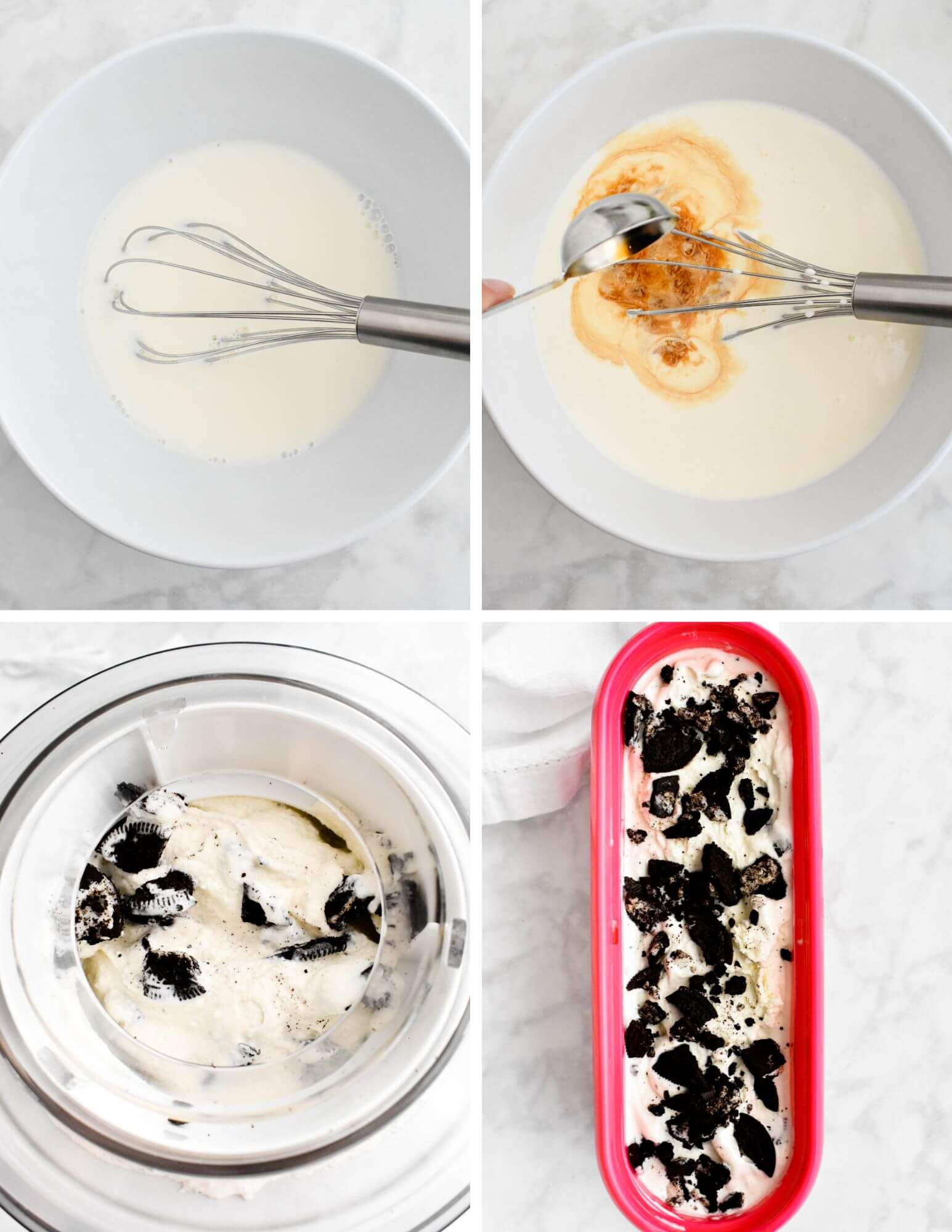 A photo collage showing 4 steps for making Oreo ice cream.