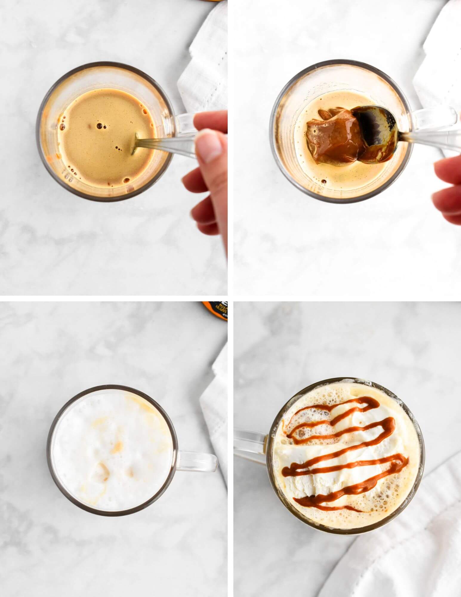A photo collage showing 4 steps for making dulce de leche latte.