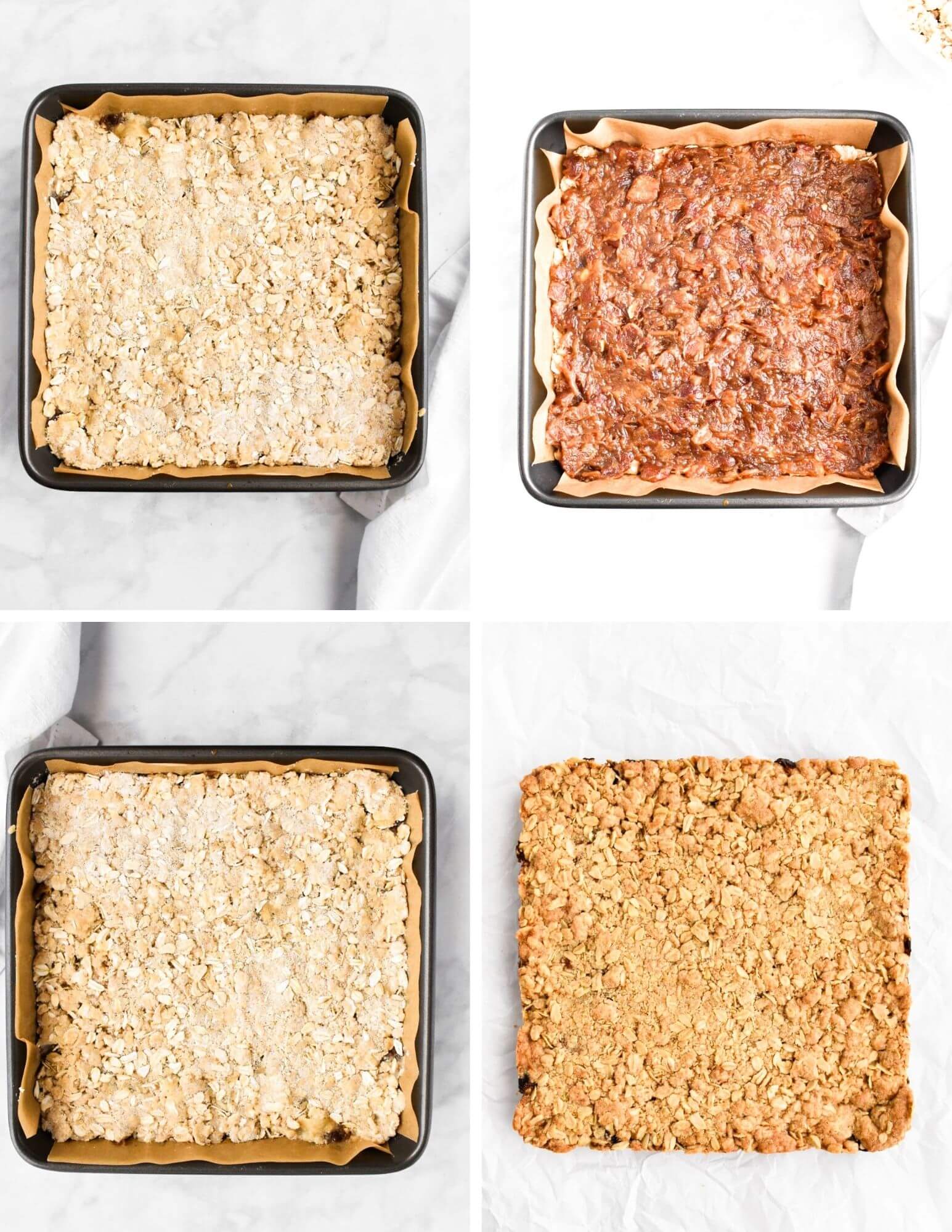 A photo collage showing the steps for assembling date squares.