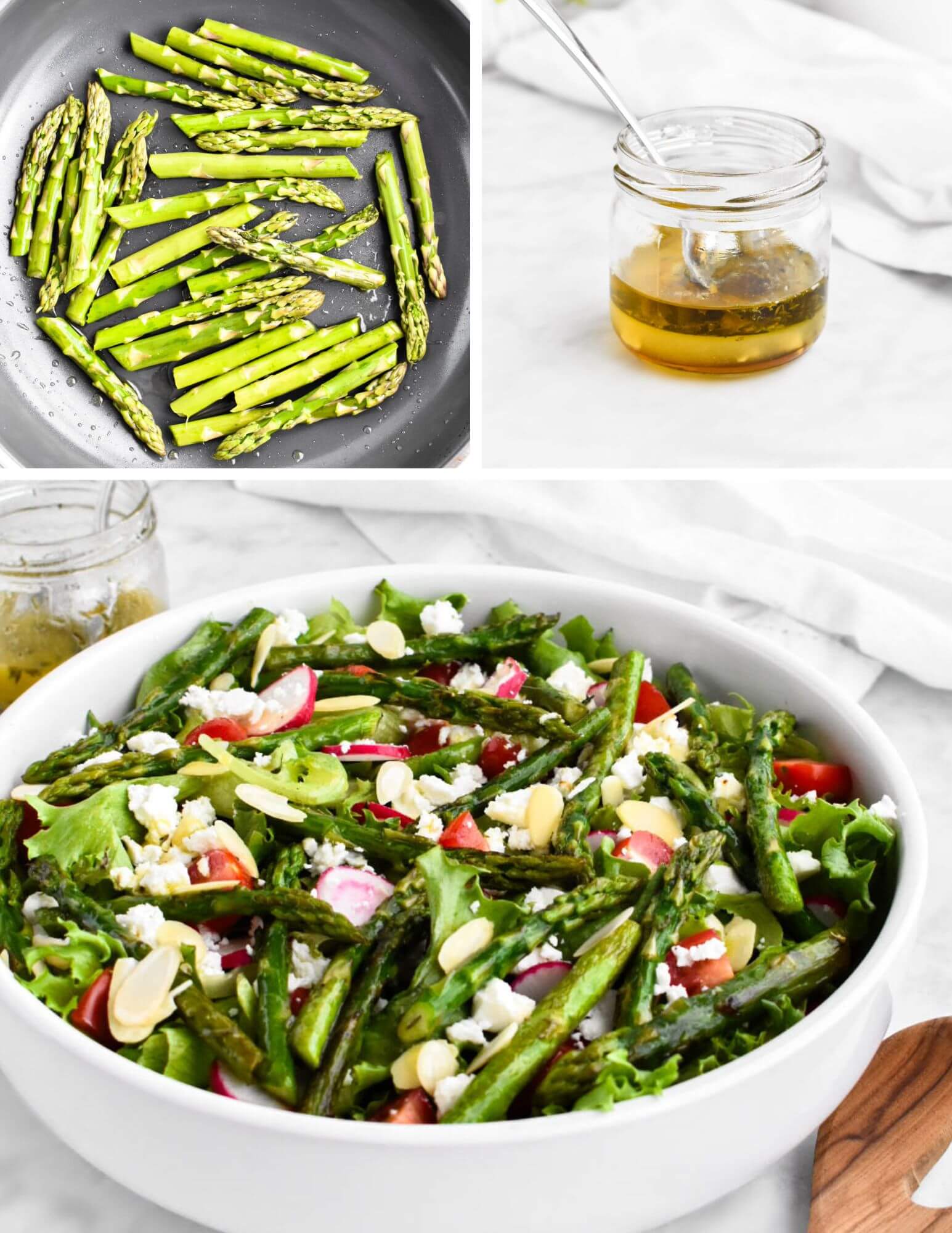 A photo collage showing a picture of asparagus being sauteed in a pan, lemon herb vinaigrette in a jar, and the completed salad in a bowl.