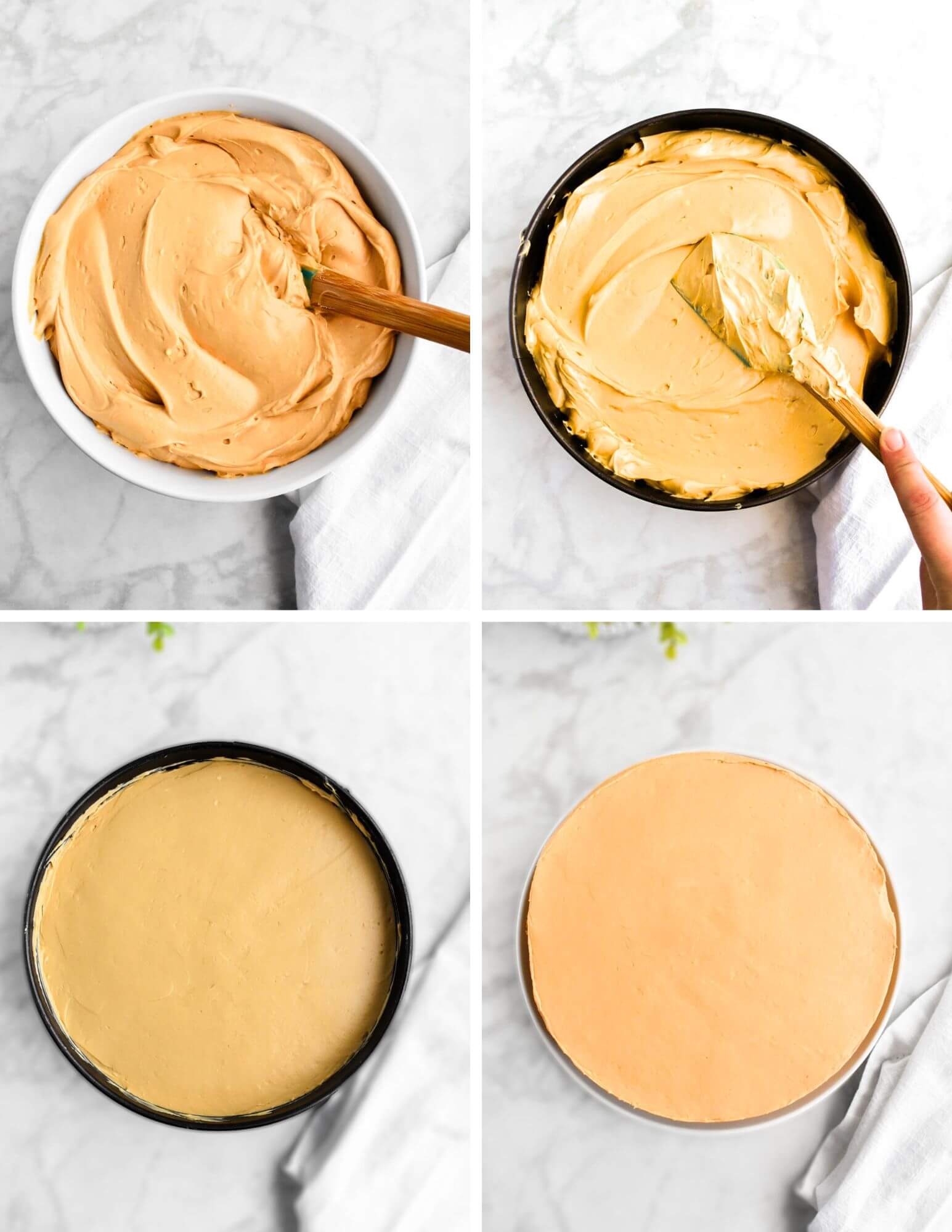 A photo collage showing 4 steps for making dulce de leche cheesecake.