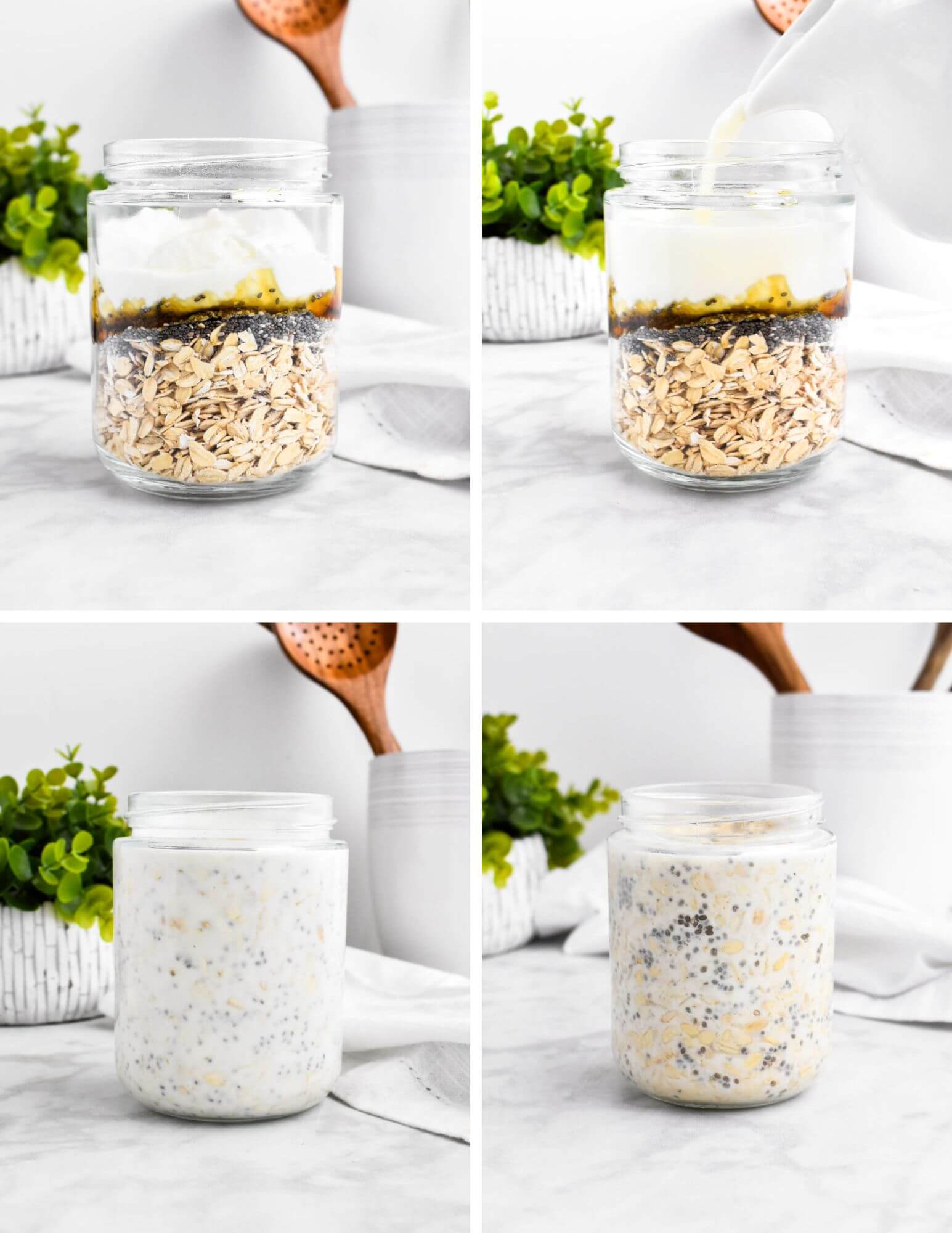 A photo collage showing how to make overnight oats.