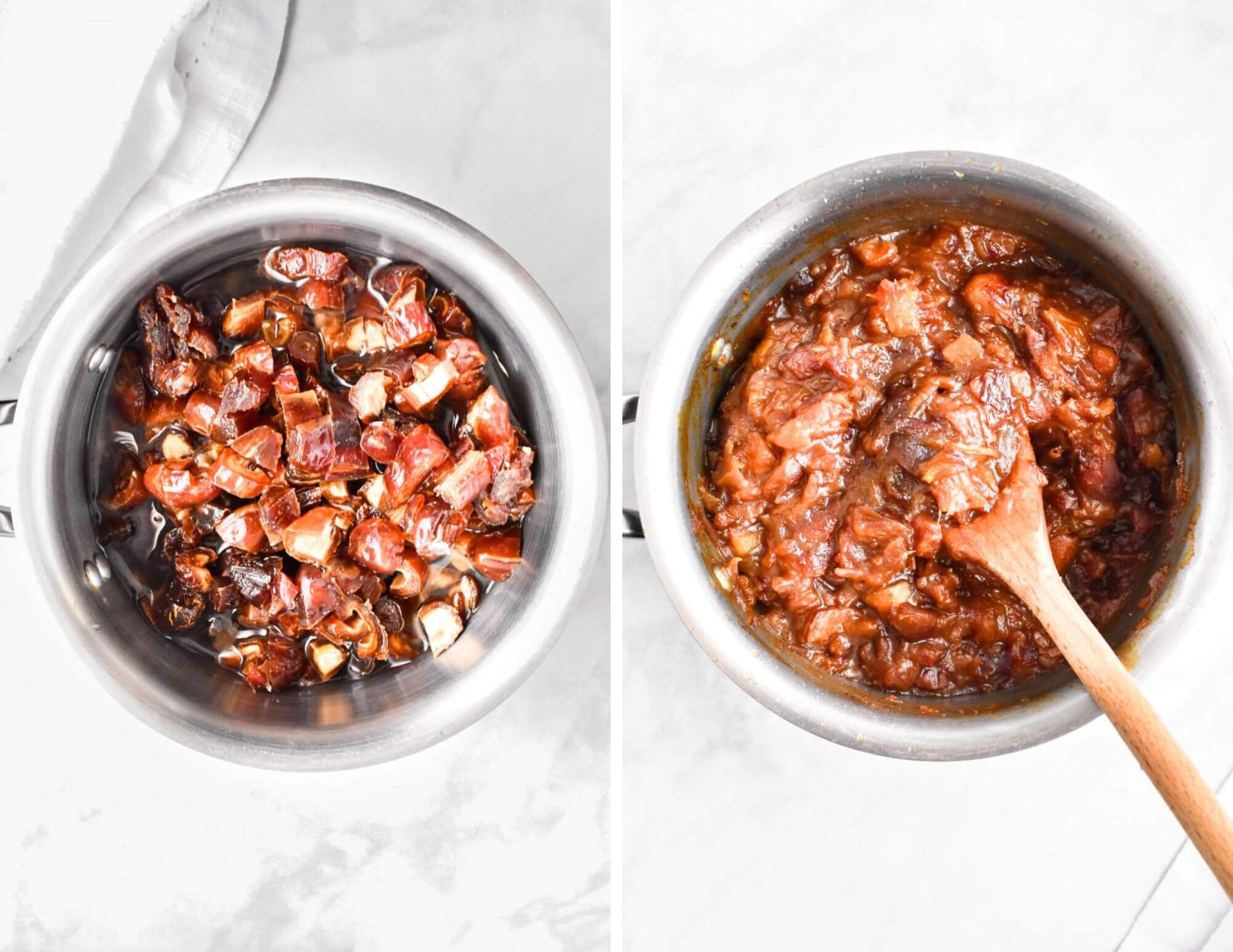 A before and after photo collage showing the date filling before cooking and after, when it is has become a date paste.