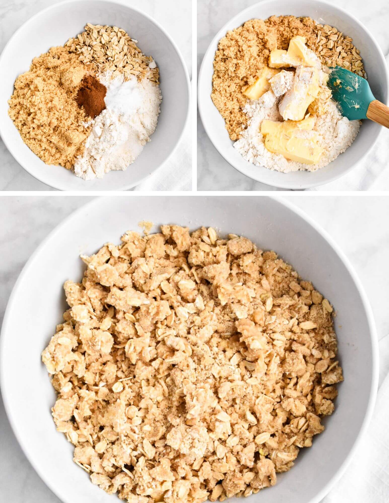 A photo collage showing the dry ingredients added to a mixing bowl, then a photo of butter being mixed into the dry ingredients, and finally the completed oat crumble mixture.