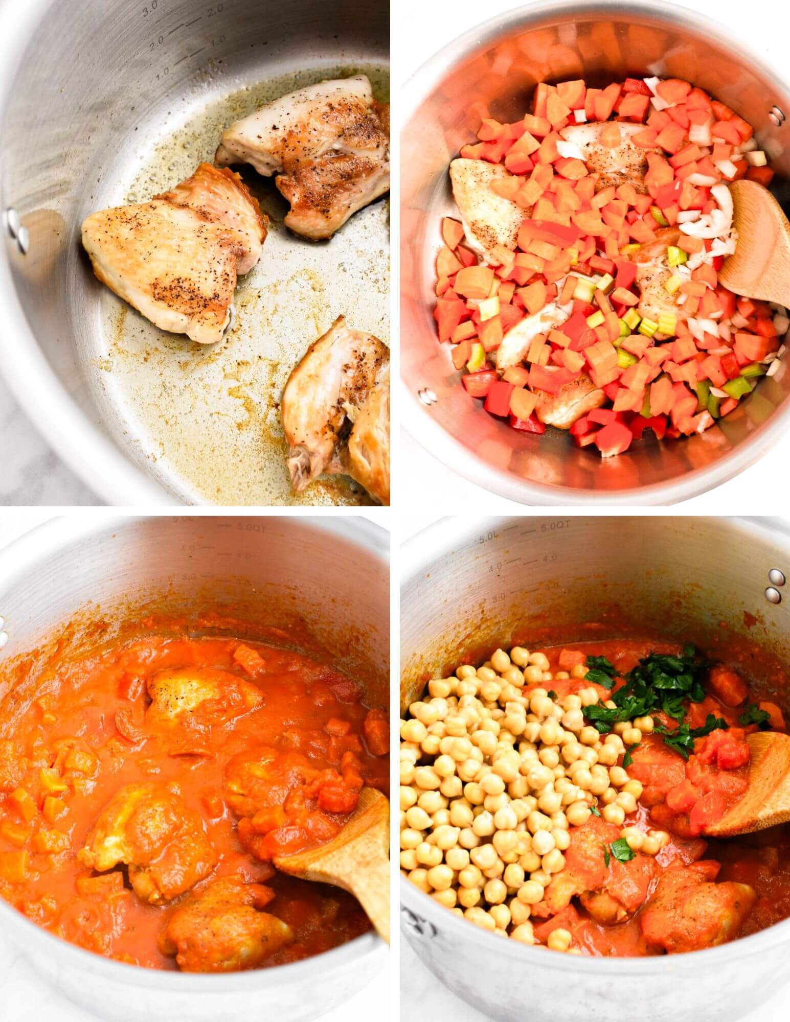 A photo collage showing 4 steps for making Greek chicken and chickpea stew.