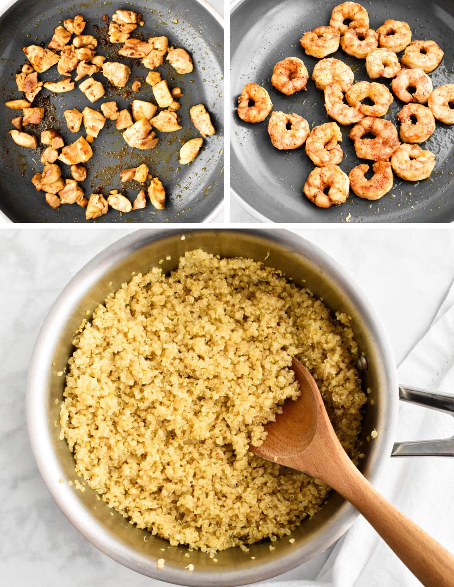 A photo collage showing some cooked components for a power bowl including chicken cooked in a pan, sauteed shrimp in a pan, and a pot of quinoa.